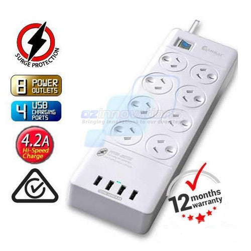 Sansai - 8 Way Outlet Surge Protector Power Board with USB Charger